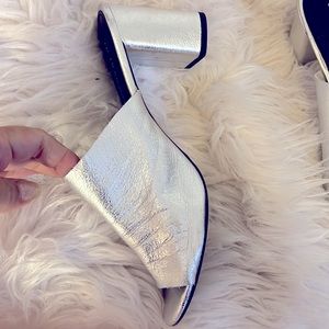 BCBG summer heel . silver slip on heels